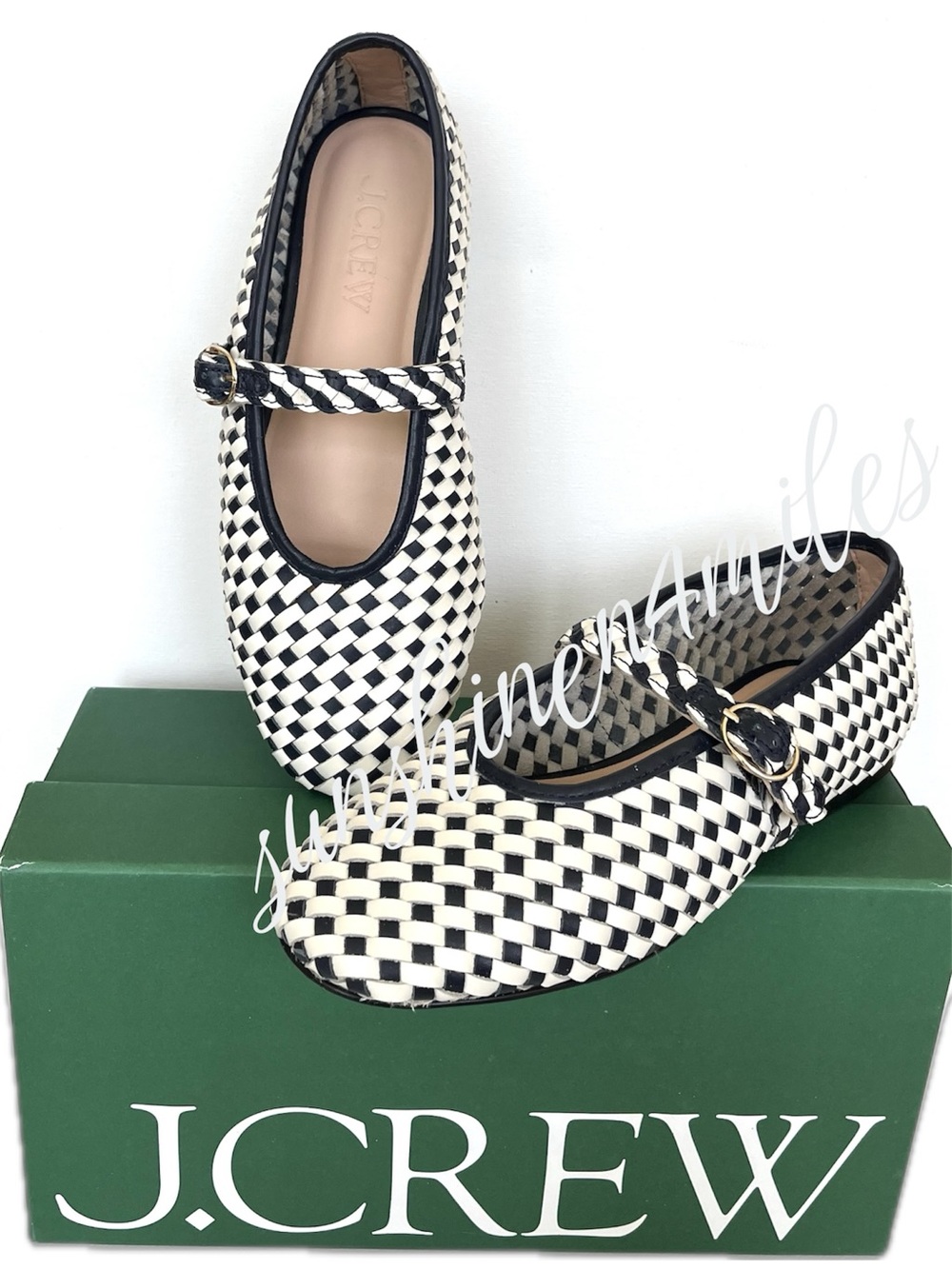 J. Crew JCREW Mary Jane Navy Blue / Ivory Woven Leather Round Toe Flats #CR911